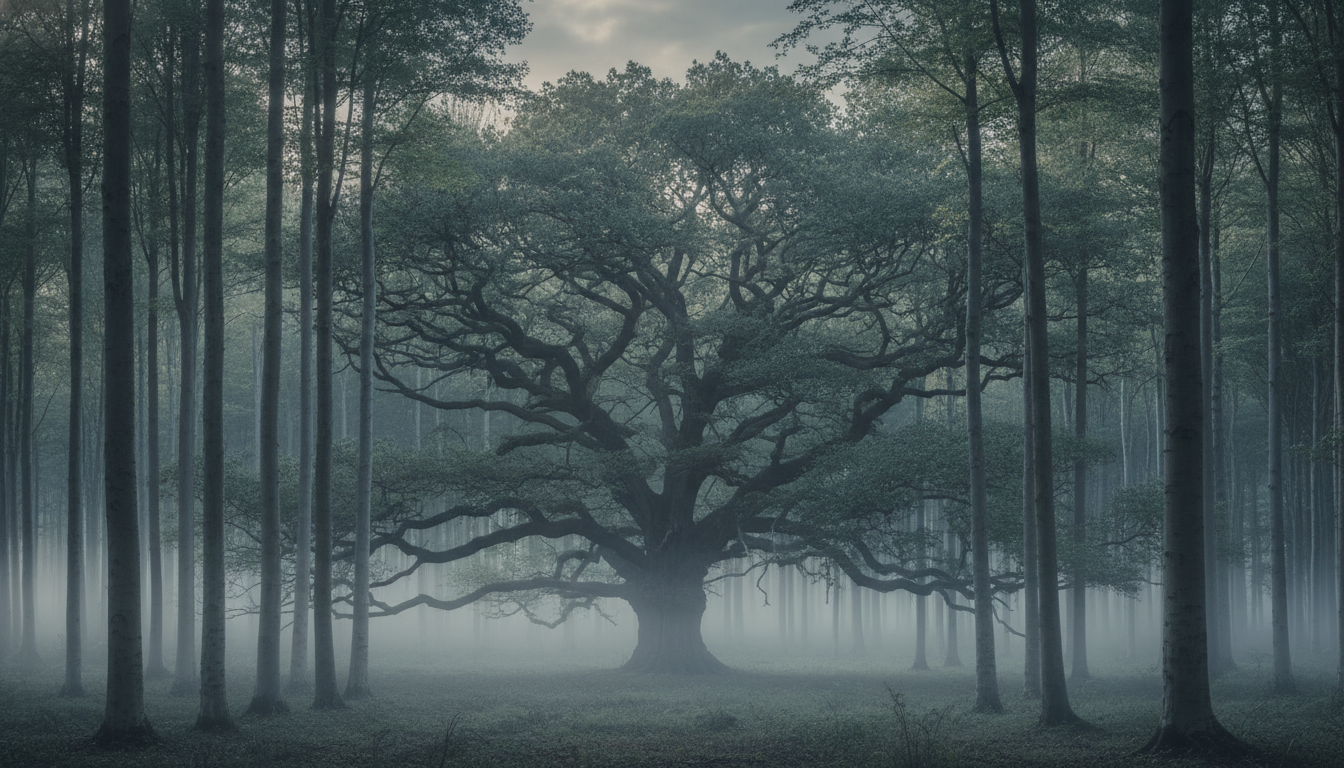 An ancient oak in Savernake Forest in low morning mist